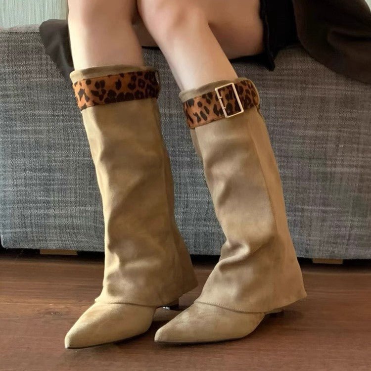 Retro Western Slimming Belt Buckle Middle Boots - BECAMAS FASHION HUB