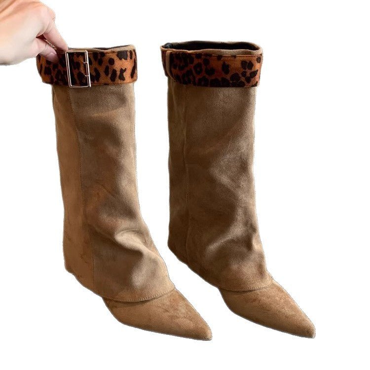 Retro Western Slimming Belt Buckle Middle Boots - BECAMAS FASHION HUB