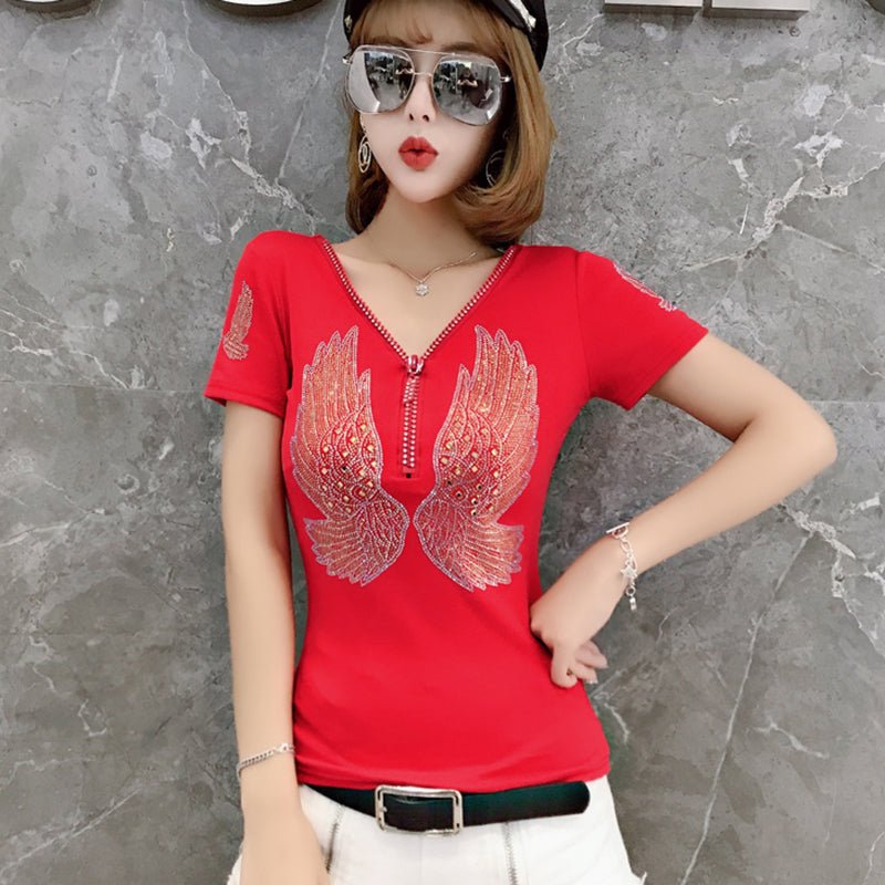 Trendy European Style Heavy Duty Zipper Cotton Short Sleeved T-shirt For Women - BECAMAS FASHION HUB