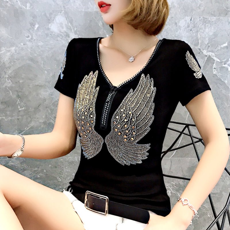 Trendy European Style Heavy Duty Zipper Cotton Short Sleeved T-shirt For Women - BECAMAS FASHION HUB