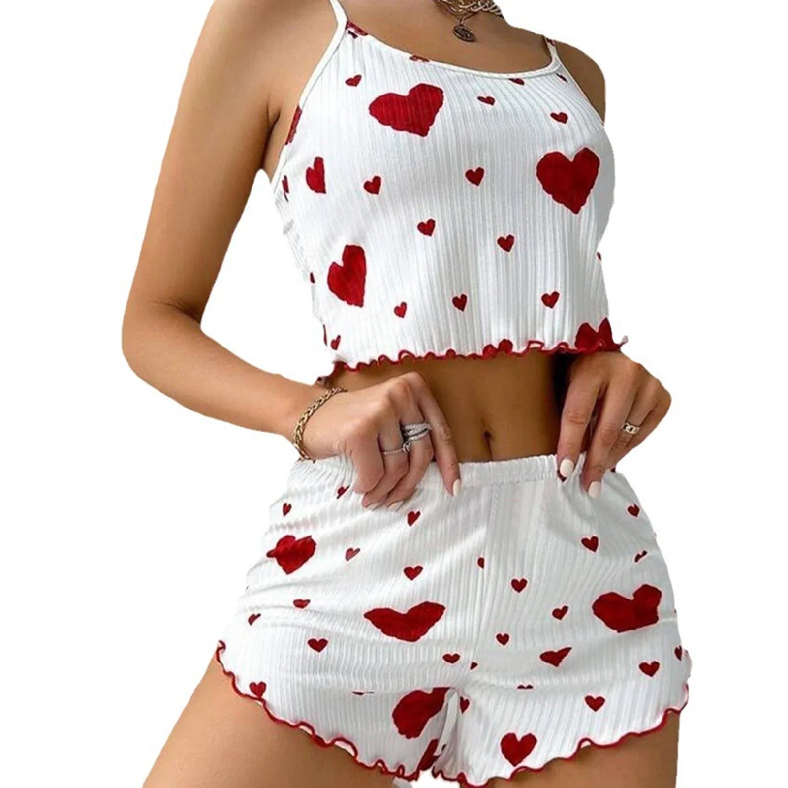 Women's Pajamas Set Sleepwear 2 PCS Short Tank Tops And Shorts S M L White Ventilate Soft Casual Love Printing - BECAMAS FASHION HUB