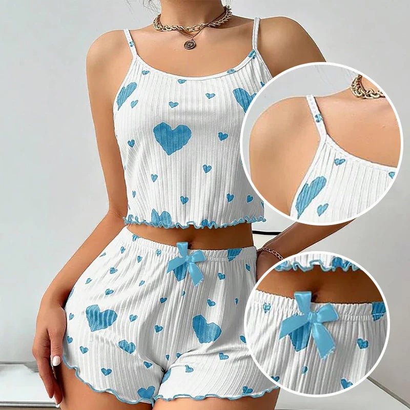 Women's Pajamas Set Sleepwear 2 PCS Short Tank Tops And Shorts S M L White Ventilate Soft Casual Love Printing - BECAMAS FASHION HUB