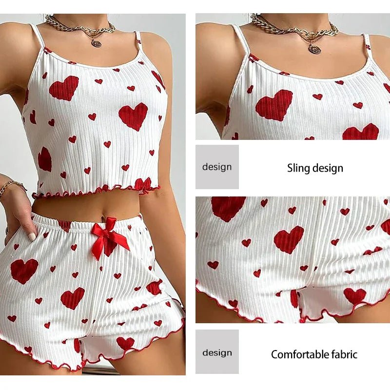 Women's Pajamas Set Sleepwear 2 PCS Short Tank Tops And Shorts S M L White Ventilate Soft Casual Love Printing - BECAMAS FASHION HUB
