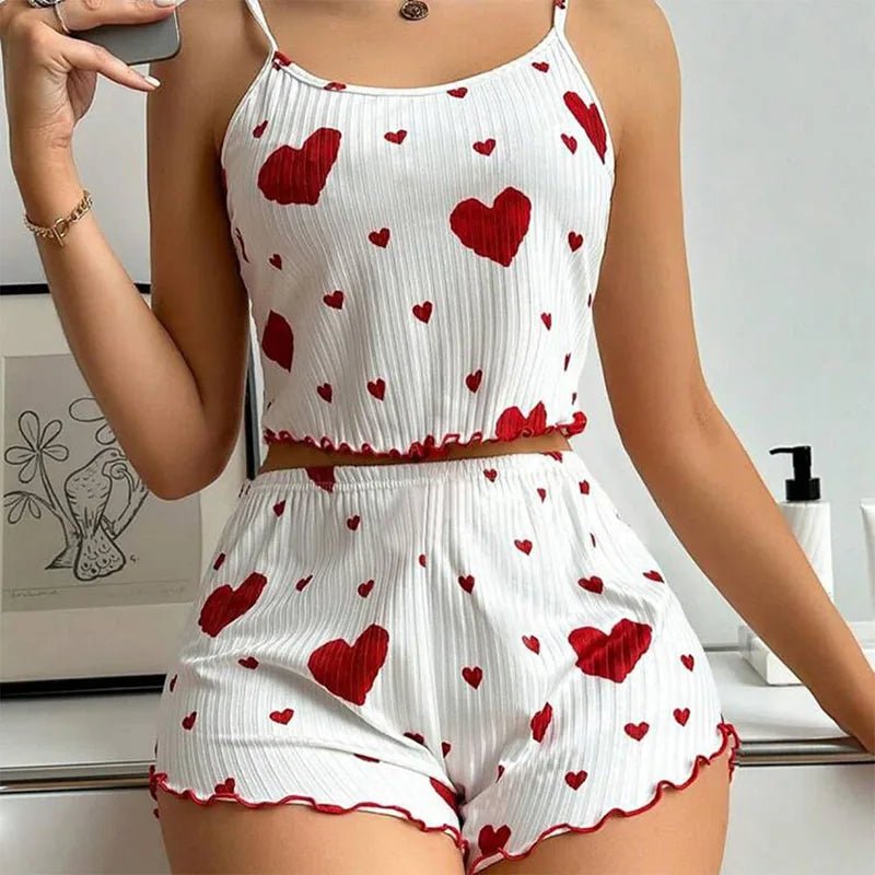 Women's Pajamas Set Sleepwear 2 PCS Short Tank Tops And Shorts S M L White Ventilate Soft Casual Love Printing - BECAMAS FASHION HUB