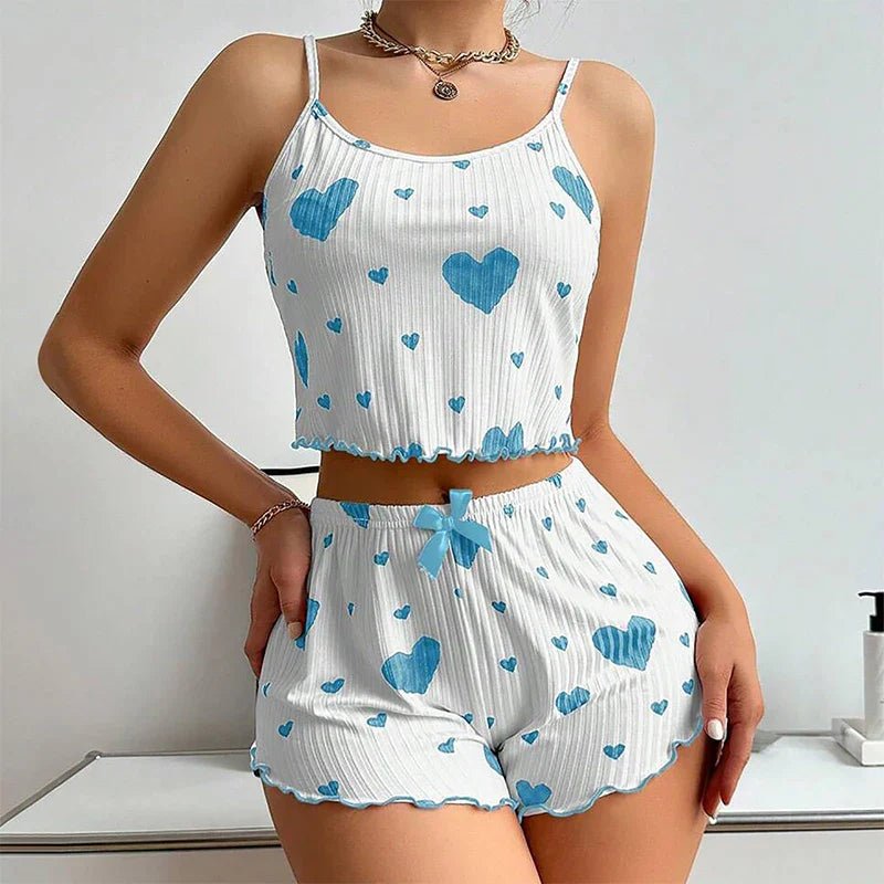 Women's Pajamas Set Sleepwear 2 PCS Short Tank Tops And Shorts S M L White Ventilate Soft Casual Love Printing - BECAMAS FASHION HUB